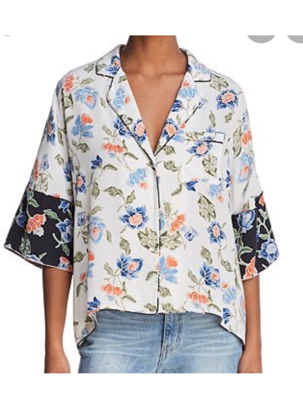 Joie Silk White Kimono Floral Button-Front Blouse with Black Cuff Detail